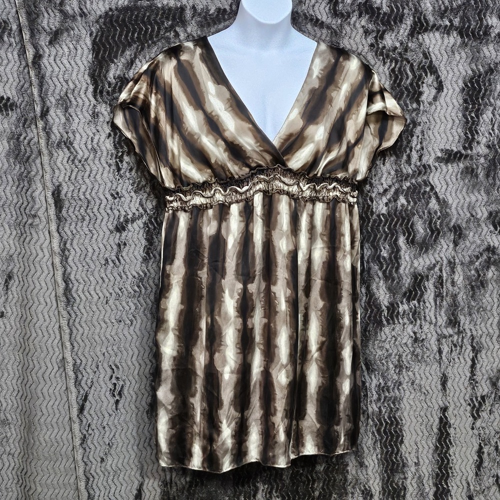 Babydoll Tunic Dress Sz 1X Brown Striped 100% Silk Geometric Mini Vintage Vibes